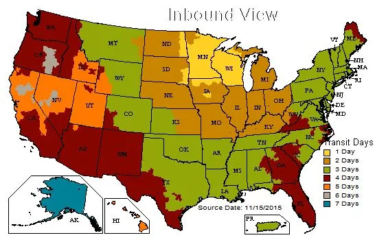 UPS Ground service map showing shipping days from across the U.S. to Fridley, Minnesota