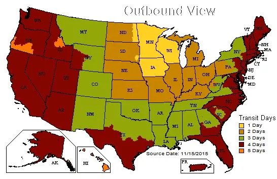 UPS Ground service map showing outbound shipping days from Fridley, Minnesota to the rest of the U.S.